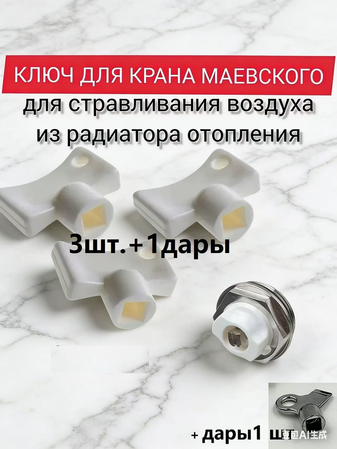 3шт.+1дары/ Ключ для крана Маевского пластиковый. Ключ для батареи, радиатора, для спуска воздуха