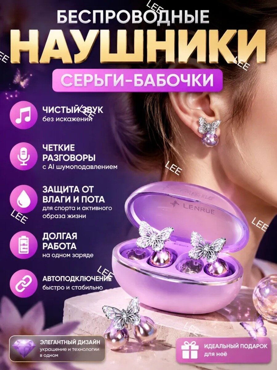 Беспроводные наушники Lenovo с микрофоном, Bluetooth 5.4, фиолетовые