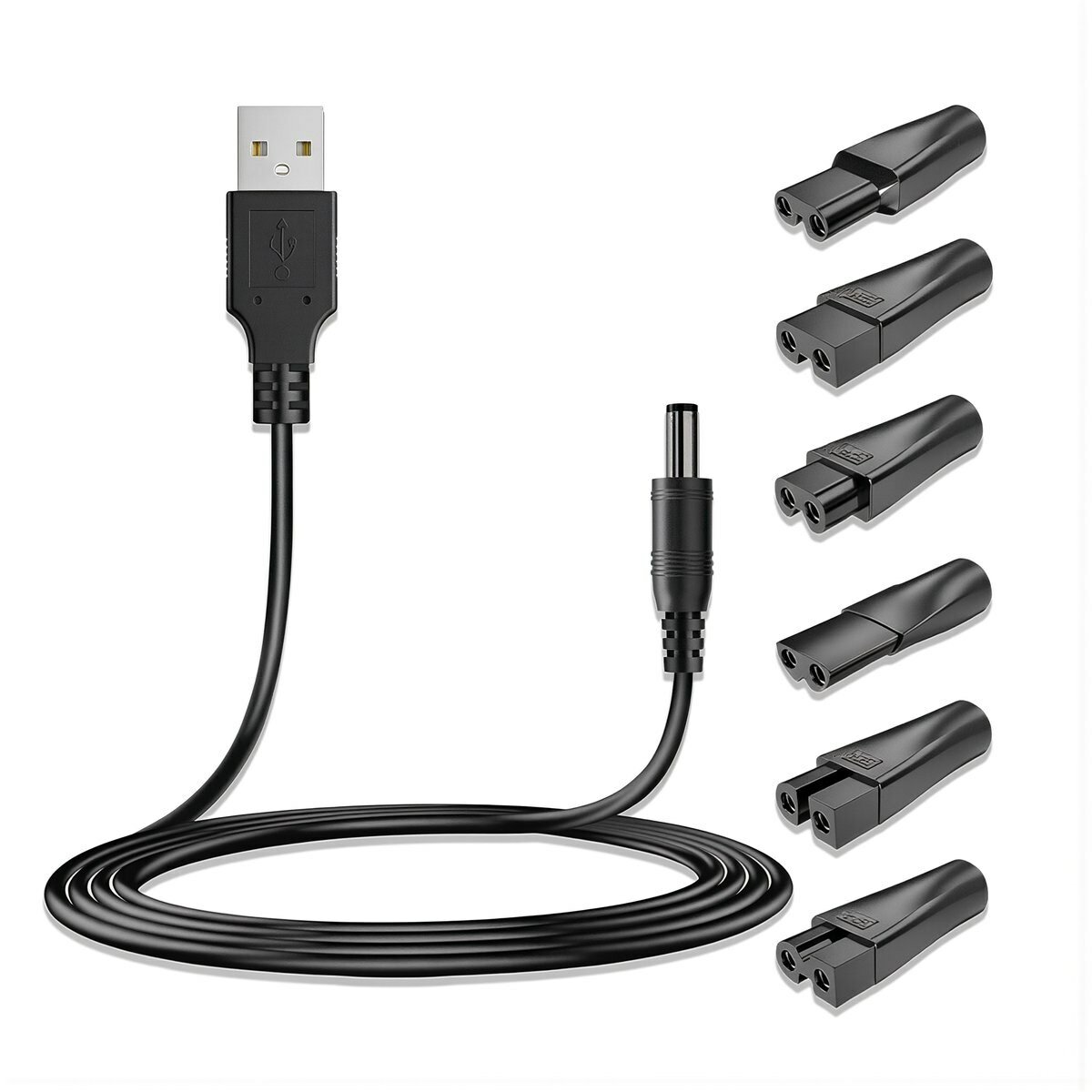 USB переходник для зарядки бритвы 6 разных насадок 5.5 на 2.1 мм гнездо комплект из восьми деталей универсальный соединительный аксессуар, 6 насадок для электробритв + USB-кабель