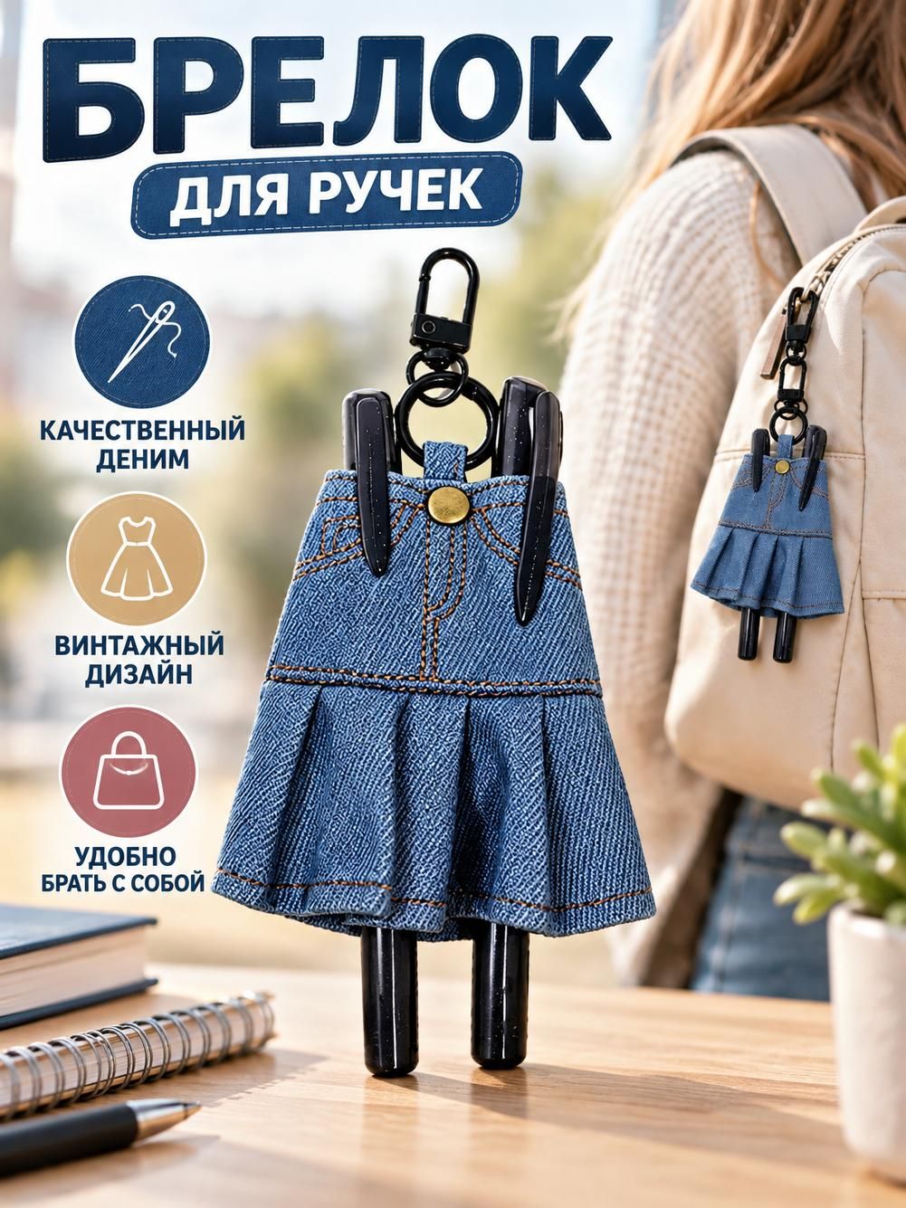 Пенал с карабином и кольцом, из джинсовой ткани, синий