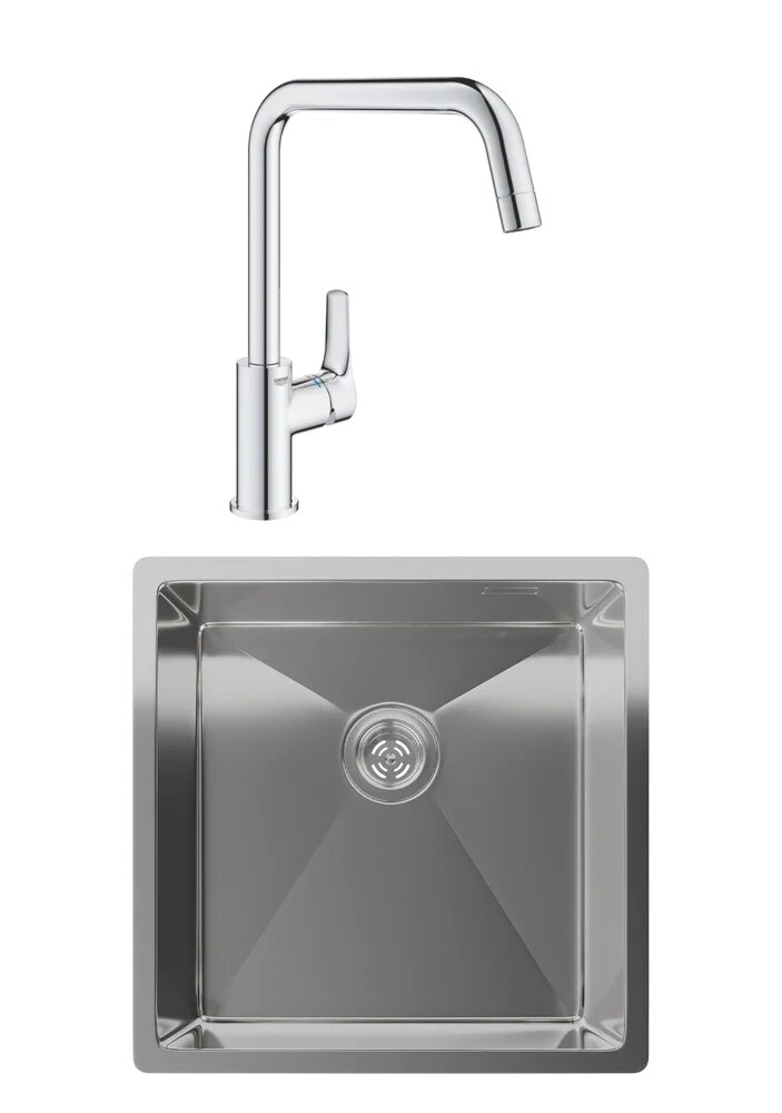 Комплект Мойка Rivelato Rinox 4444 UN 44x44, нержавеющая сталь / Смеситель Grohe Eurosmart 30567000 глянцевый хром