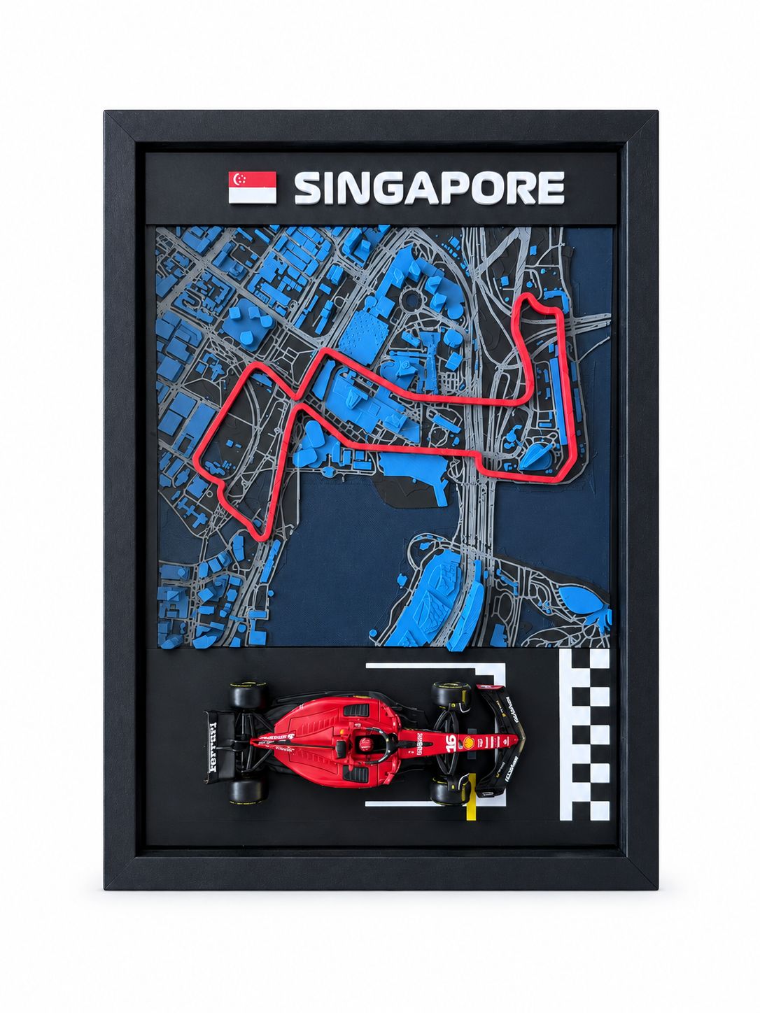 Коллекционная рамка Формулы 1 с трассой Singapore + машинка Bburago 1:43 Ferrari SF-23 №16 Charles Leclerc, 3D печать
