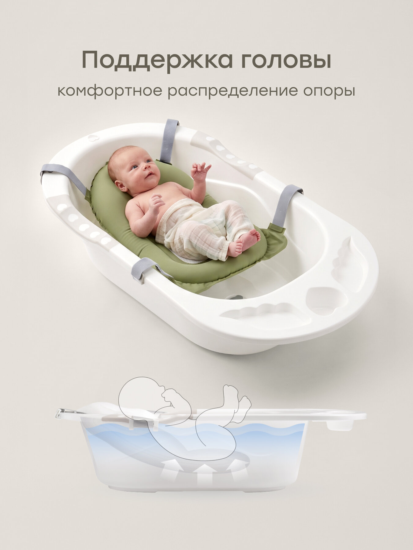 121030, Гамак для купания новорожденных Happy Baby матрасик для купания, горка для новорожденных, надувной, оливковый — фото 1