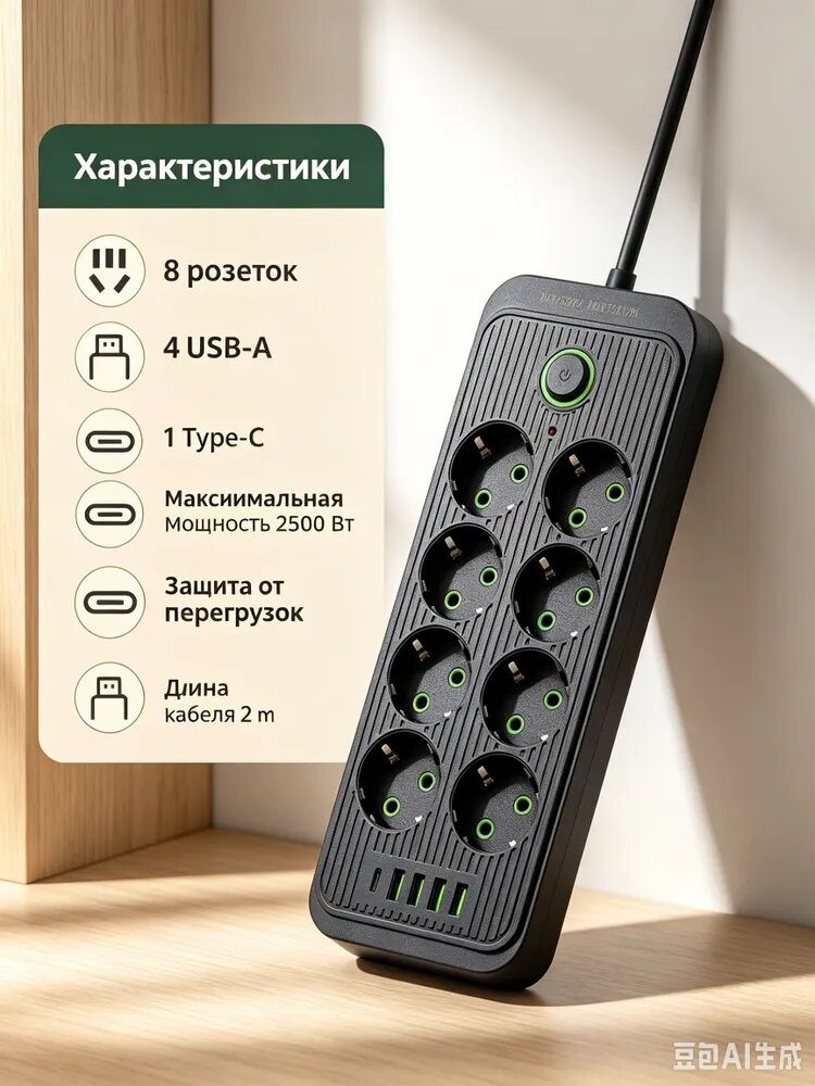 Сетевой фильтр, 8 розеток 4 USB 1 Type-C, удлинитель 2 метра, c заземлением и предохранителем