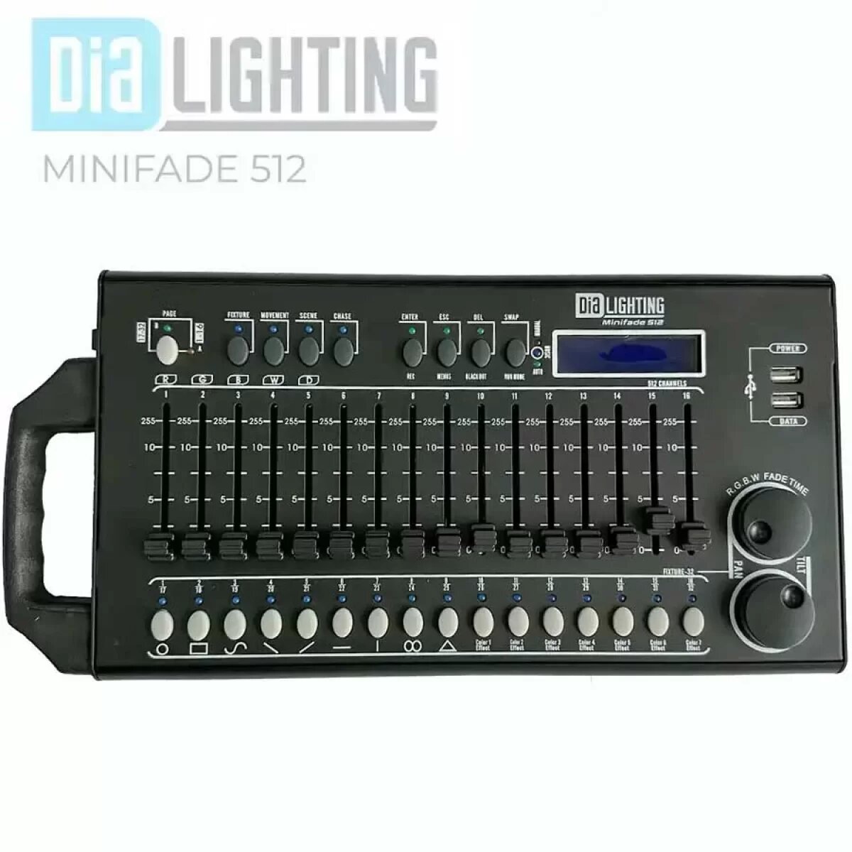 Пульт управления светом DIALighting Minifade 512 [512 каналов управления DMX, 16 фейдеров управления + 2 джога энкодера, возможность программировать контроллер и записывать сцены, 32 банка по 100 сцен в каждом]
