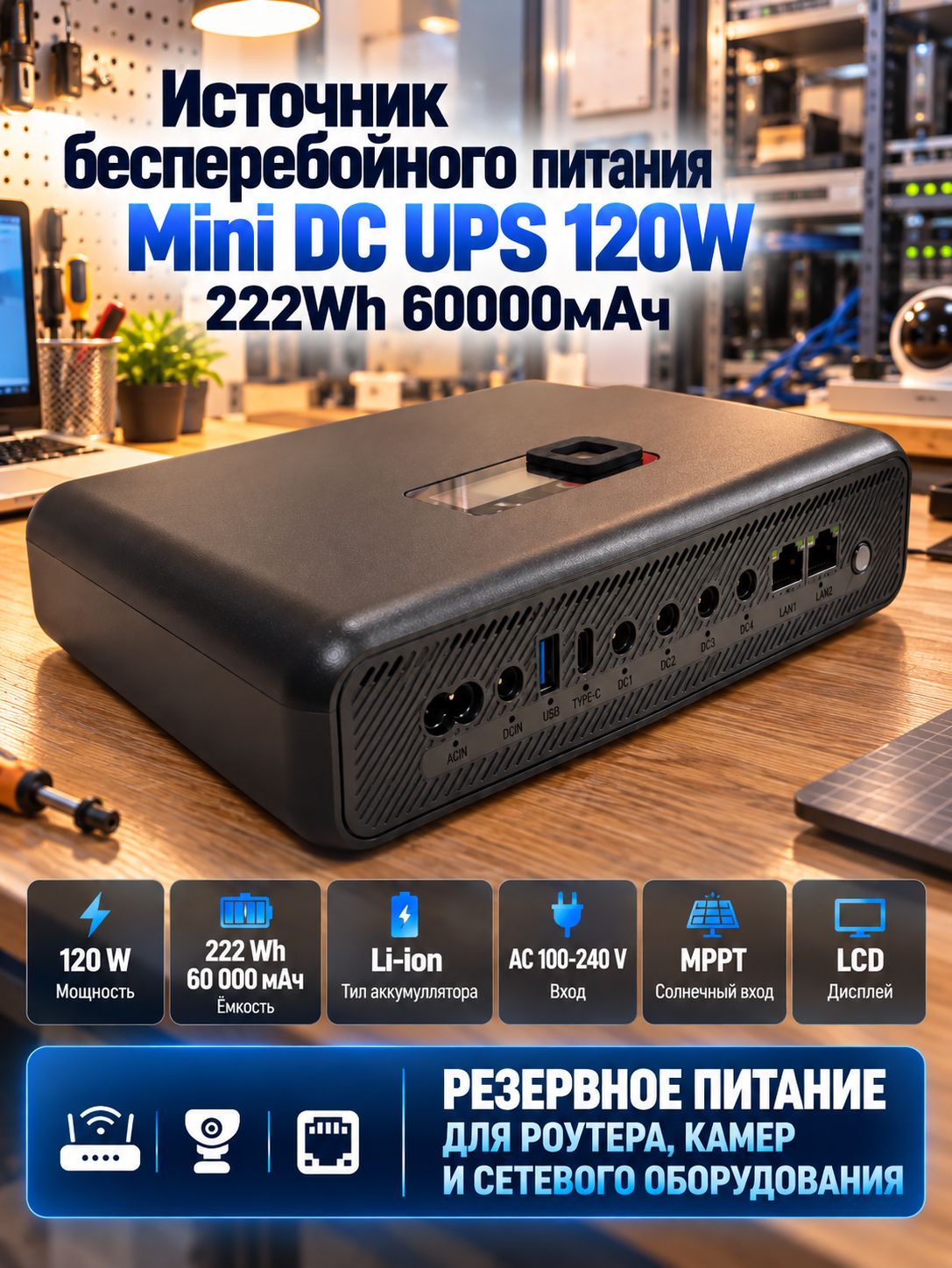 ИБП для роутера высокой мощности 60 000mAh Li-ion, поддержка PoE 48V, источник бесперебойного питания для роутера, бесперебойник для ротутера, ups для роутера и сетевого оборудования