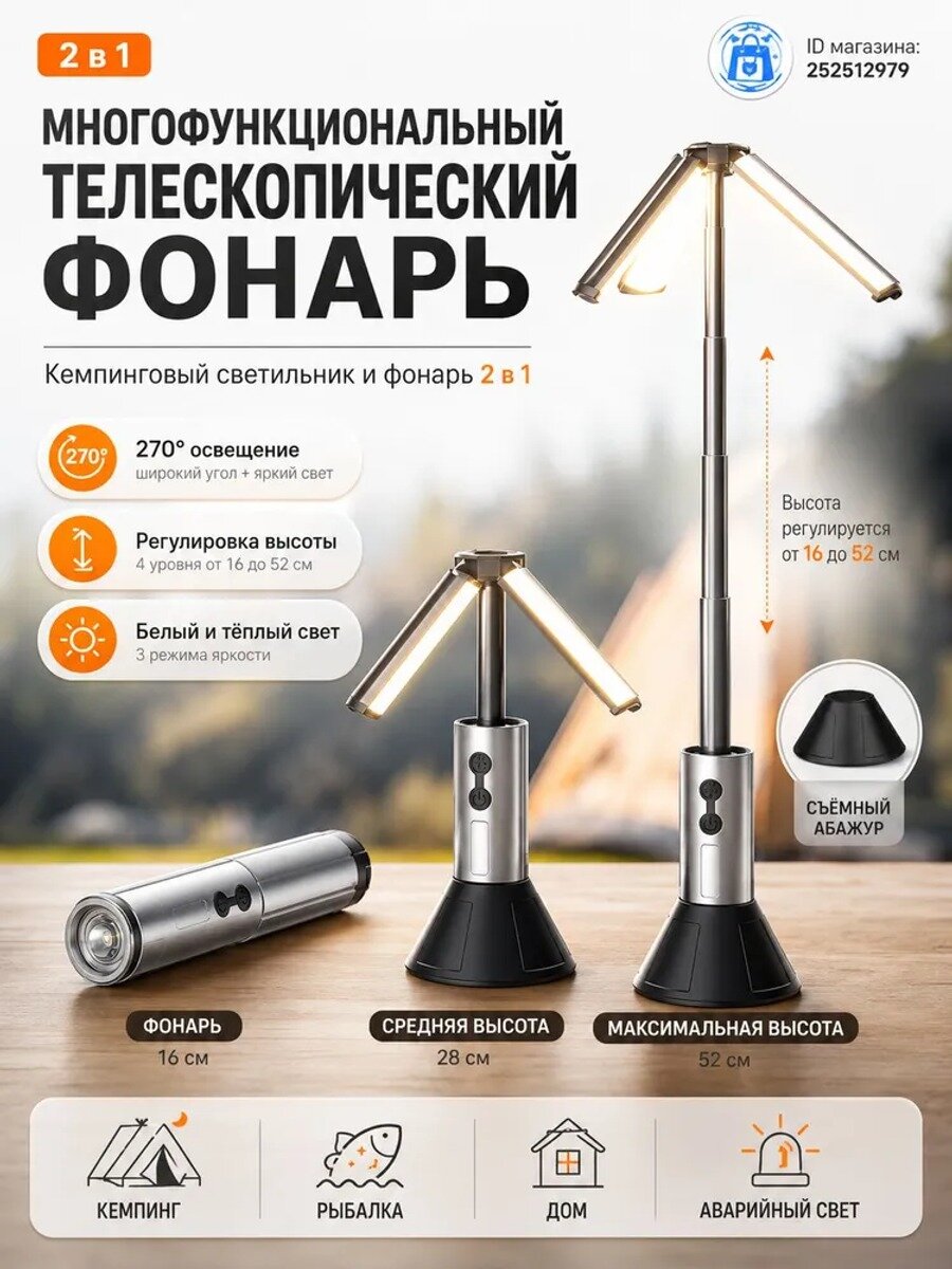 Кемпинговый фонарь 2 в 1 с 54 светодиодами, 600 люмен, IP65, серый, 25x4x4