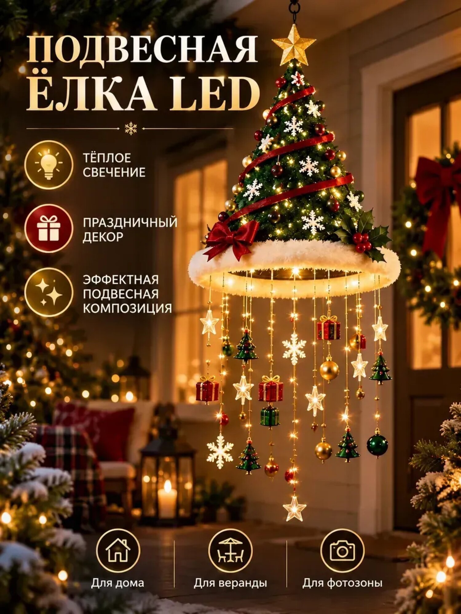 Подвесная ёлка с LED-подсветкой, новогодний декор, 30 см, Елочные украшения, Елки