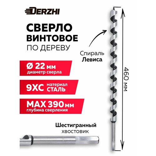 фото Сверло по дереву винтовое с шестигранным хвостовиком в тубе , 22х460 мм derzhi