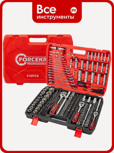 Изображение товара Набор Forcekraft 216, шестигранные головки 1/4‑3/8‑1/2 дюйма, сталь Cr‑V, с трещоткой и битой