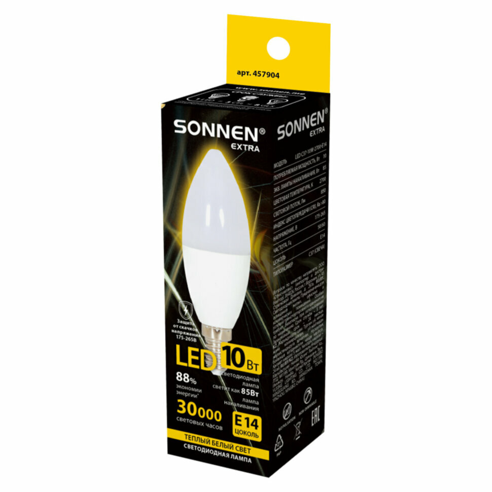 Лампа светодиодная SONNEN EXTRA, 10 (85) Вт, Е14, свеча, теплый белый, 30000 ч, LED C37-10W-2700-Е14, 457904, 457904