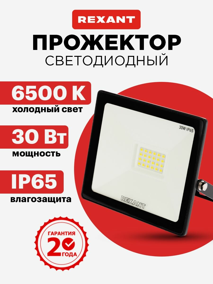 Прожектор светодиодный уличный 30 Вт, 6500К холодный свет, IP65, черный корпус, REXANT