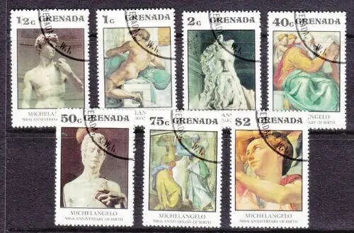 7 шт. почтовых марок Гренада 1975 года, произведения искусства Микеланджело