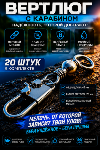 Изображение товара Вертлюги для рыбалки, с карабинами, черные, 40мм, комплект 20 шт