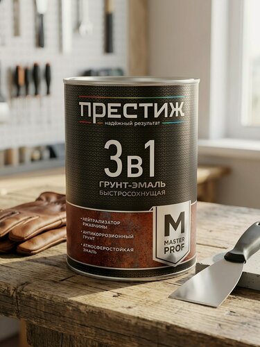Изображение товара Грунт-эмаль по ржавчине Престиж Мастер 3в1 серая 0.9 кг быстросохнущая смоляная краска для металла наружных и внутренних работ
