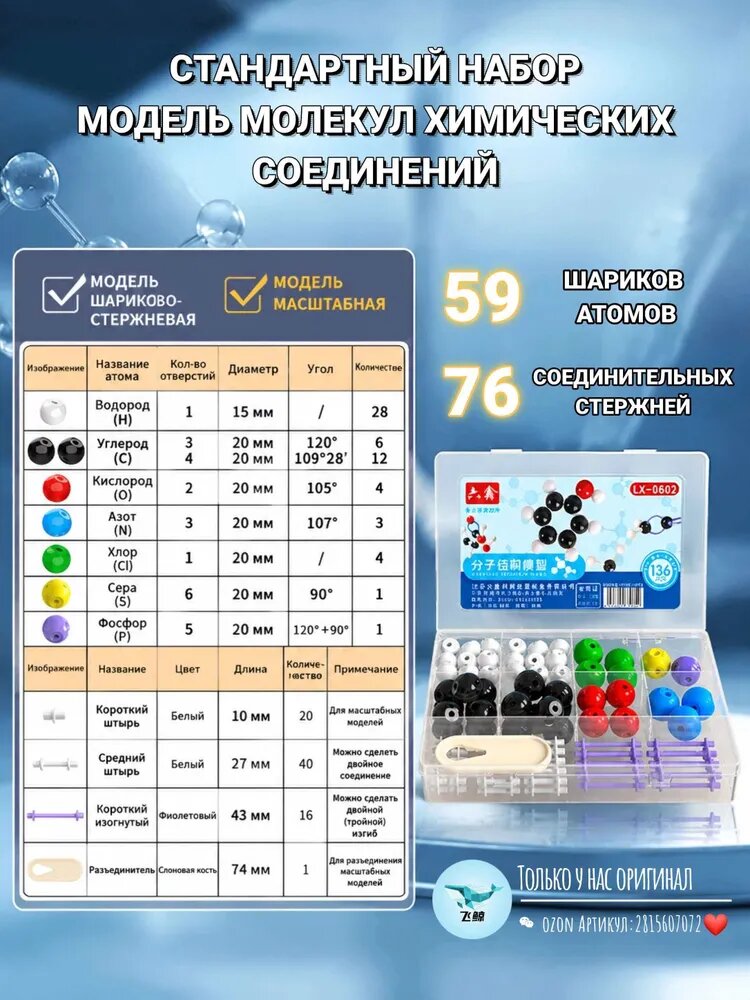 Молекулярный конструктор для сборки органических молекул, 135 деталей. Модели атомов и связей. Учебное пособие по химии для школы и вуза