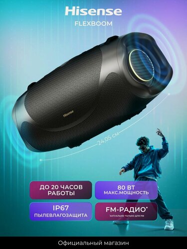 Изображение товара Акустическая система Hisense FlexBOOM, максимальная мощность звука 80 Вт, FM-тюнер, Bluetooth, IP67, до 20 часов от аккумулятора, черный