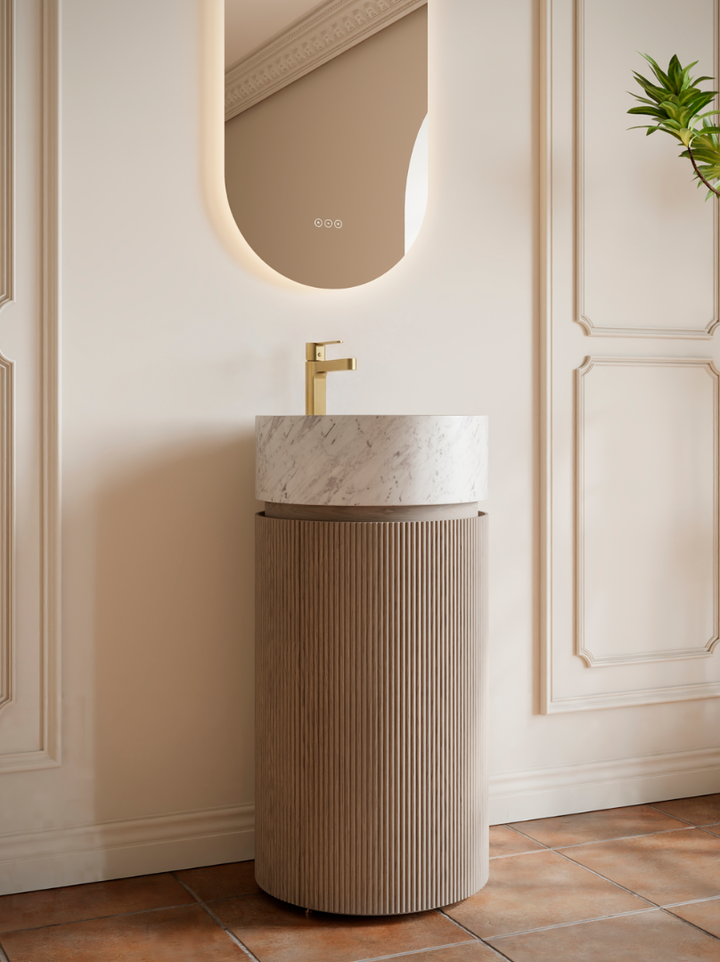 Тумба с раковиной "ALTROBAGNO" Chia, 45 см, шпон, мрамор, Velet Beige Oak/Cararra Wt светло серый