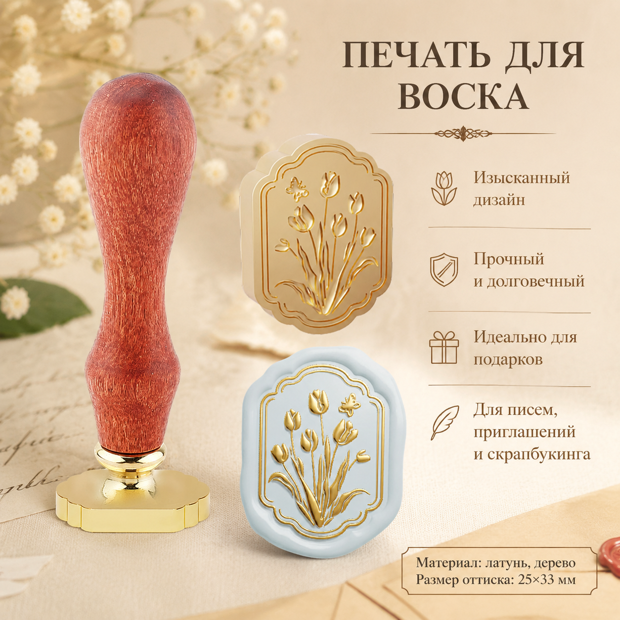 Печать для сургуча Цветок, деревянная ручка, латунный штамп для писем, приглашений, открыток и подарков