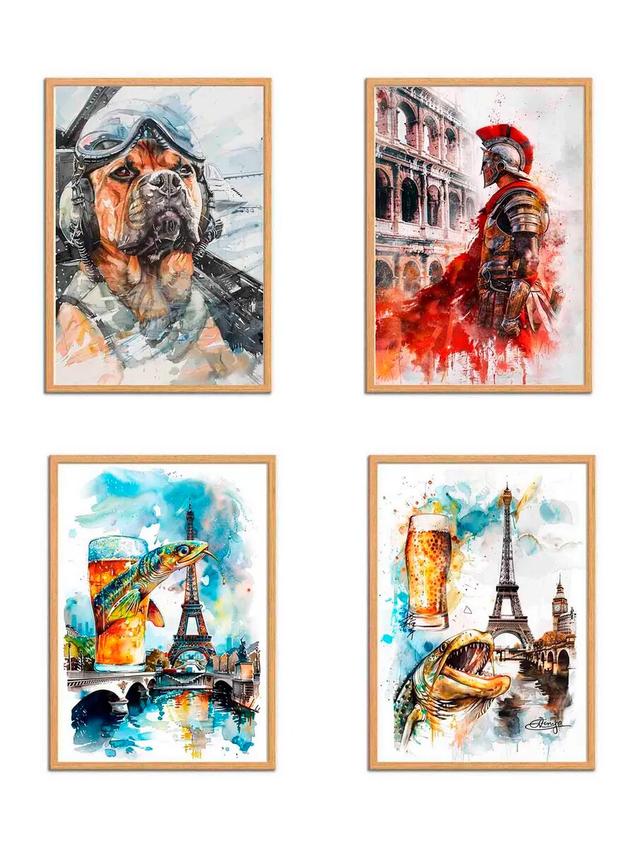 Животное угорь Пьет Пиво, 4 Плаката, 30x21см