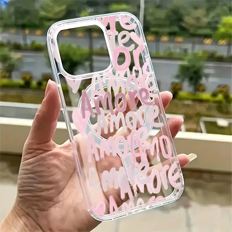 Романтический розовый чехол с надписью Amore-Love для iPhone 18 17 16 12 iPhone13, Розовый, T11254