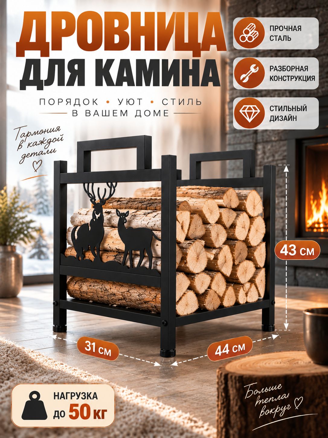 Напольная дровница из металла 44x31x43 см стильная подставка для хранения и декора у камина.