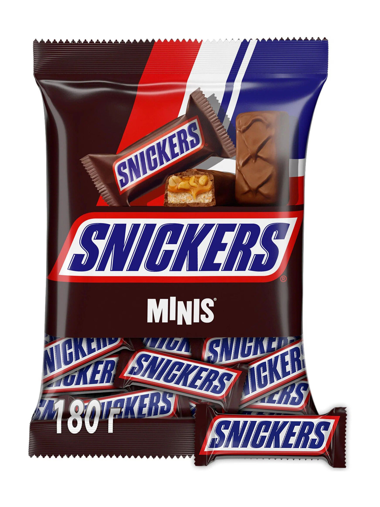 Шоколадные батончики с орехами Snickers minis, арахис, нуга и карамель в молочном шоколаде, набор батончиков, 180 г
