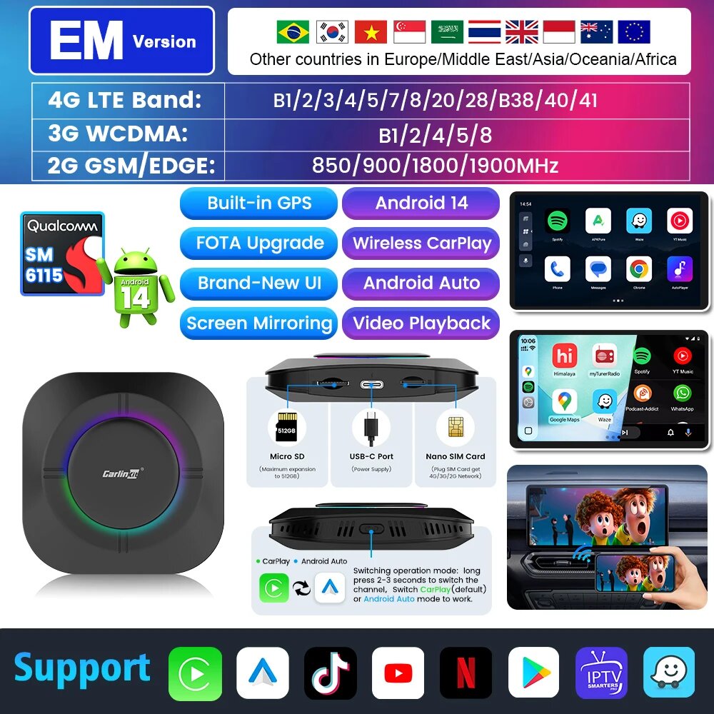 Carlinkit Android 14 AI Box – беспроводной адаптер для Android, поддерживающий функцию 8GB 128GB