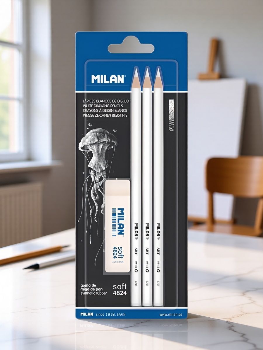 MILAN набор для рисования: 3 белых карандаша Art + ластик Soft 4824, BYM10494