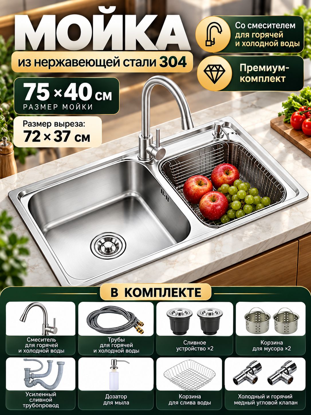 Утолщенный. Кухонная мойка. Нержавеющая сталь. Кухонная мойка. Двойная раковина