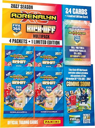 Набор карточек Panini FIFA 365 2027 Adrenalyn XL Kick-Off / 4 пакета + 1 Лимитированная карта (25 карточек)
