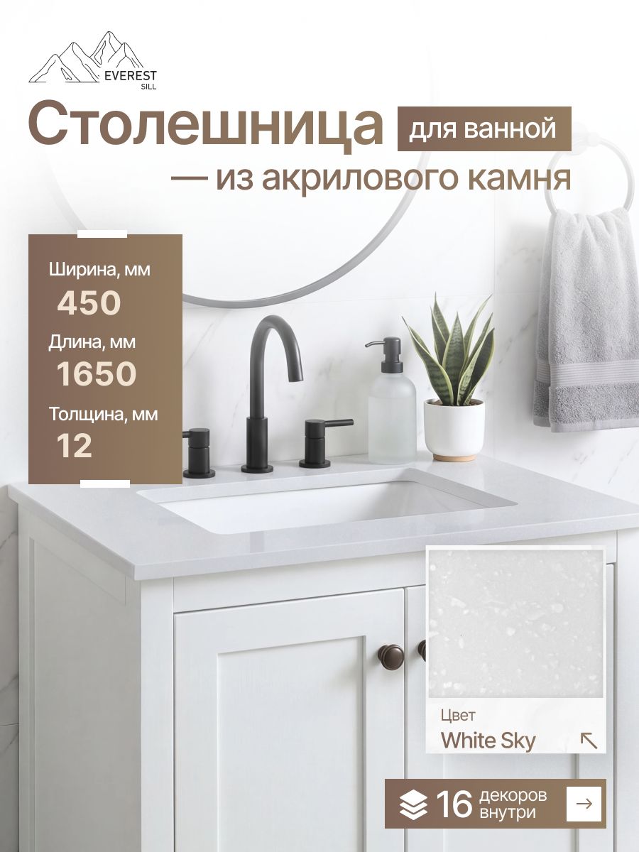 Столешница для ванной из искусственного камня 1650x450x12мм White Sky глянцевый
