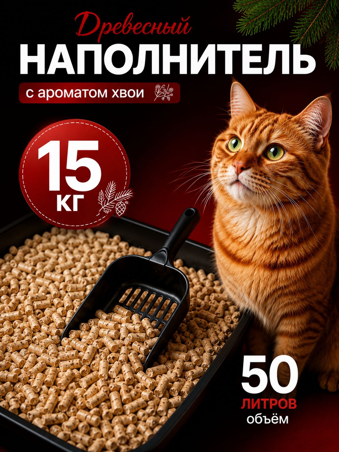 Кошачий наполнитель древесный 15 кг для кошачьего туалета, впитывающий, блокирует запах