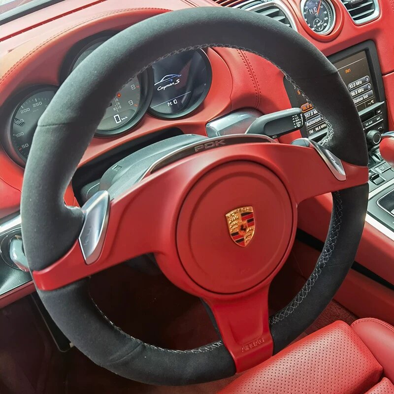 Накладка на руль Porsche Panamera 2012-2016, Искусственный замш, Материал из замши, без отверстий, белая строчка