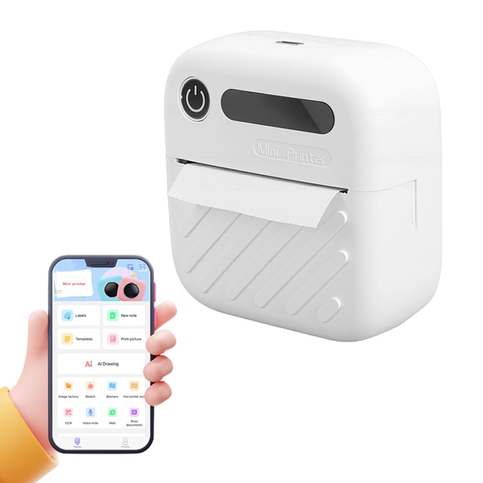 Портативный принтер этикеток с Bluetooth 4.0, разрешение 200 DPI, аккумулятор 1000 мА·ч, печать без чернил