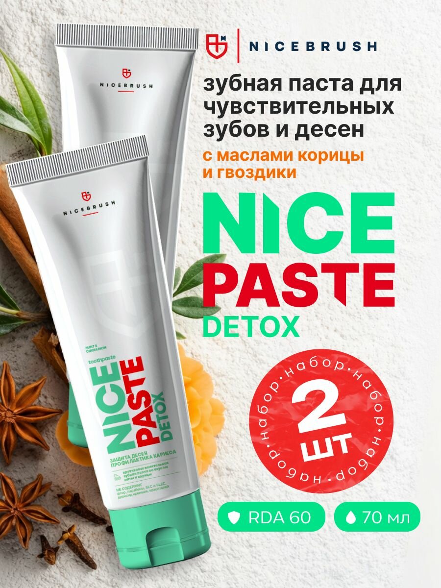 Набор 2 шт. Зубная паста для чувствительных зубов и десен NICEPASTE DETOX, противовоспалительная, натуральная, от кариеса, без фтора. 70мл.