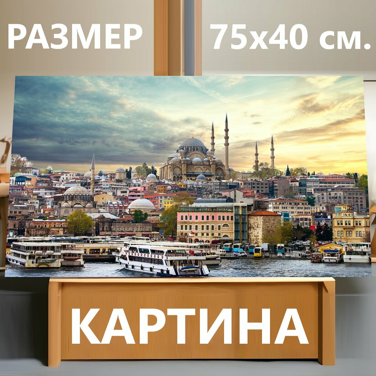 Картина на холсте "Стамбул, город, вода" на подрамнике 75х40 см. для интерьера