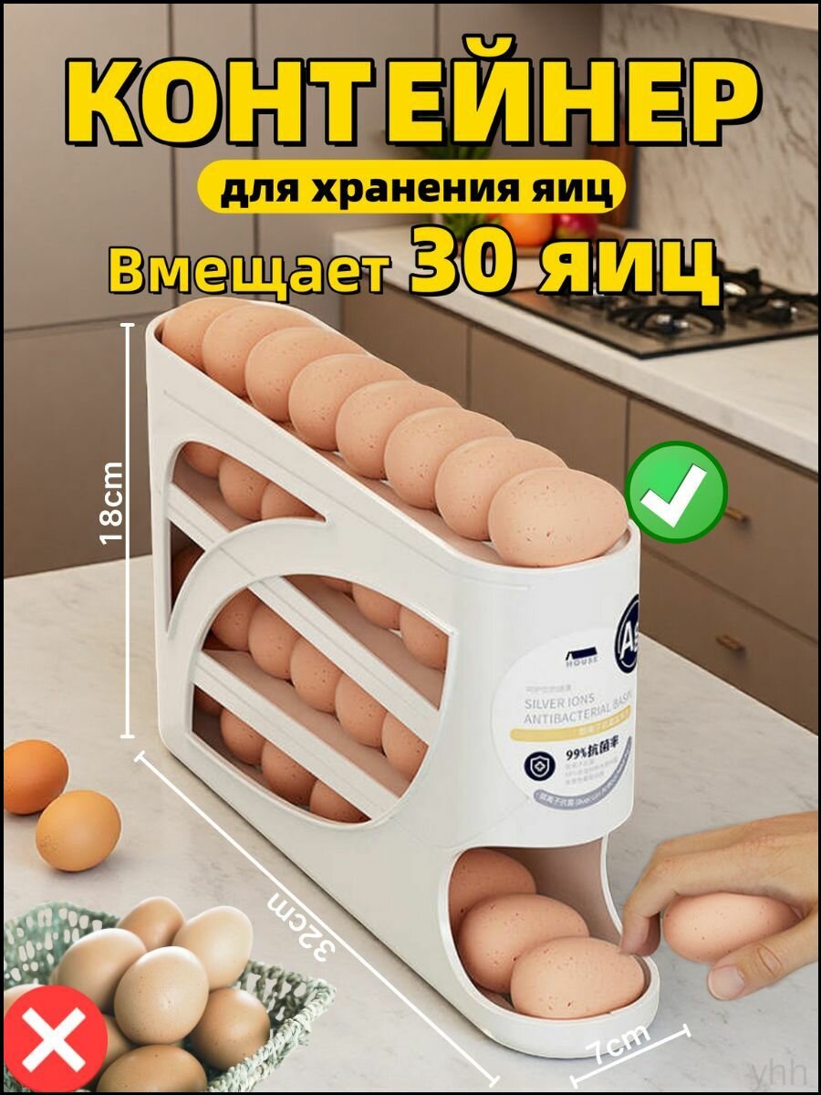 Органайзер для холодильника "Автоматический Органайзер Контейнер для Яиц, Вместимость 30 Шт (Белый)", 1 шт