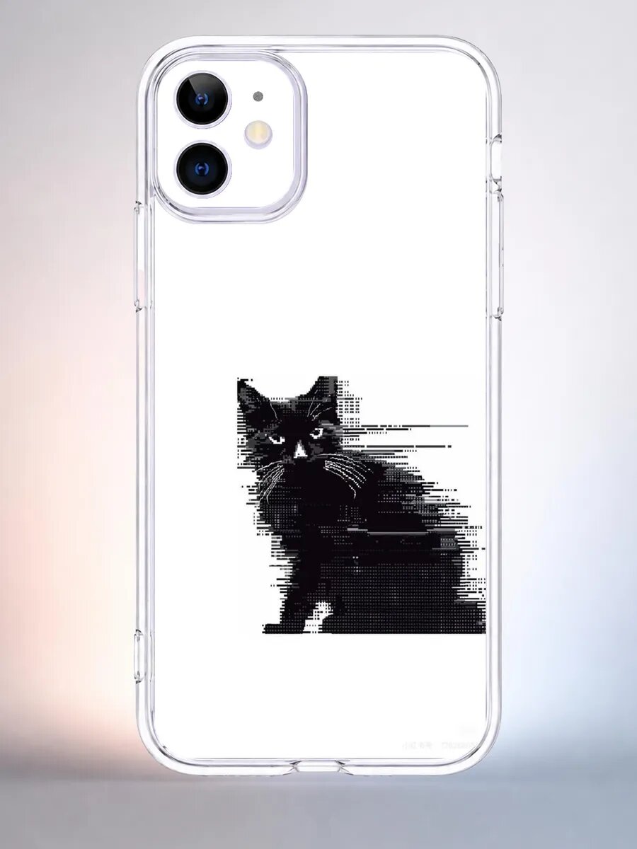 Чехол iPhone 11 чёрный кот пиксель силиконовый прозрачный