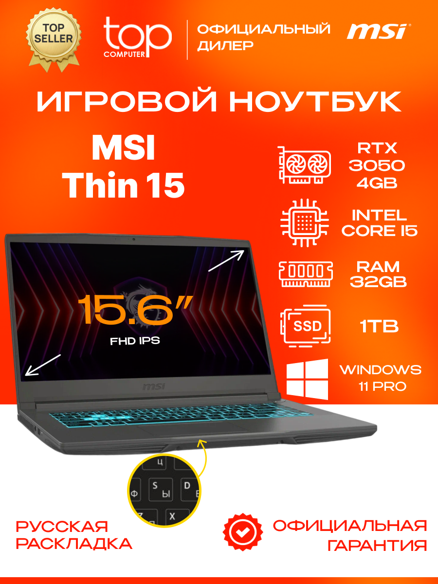 Ноутбук MSI Thin 15 15.6"FHD IPS/i5-13420H/32GB/SSD 1TB/RTX3050 4GB/Win11pro/серый