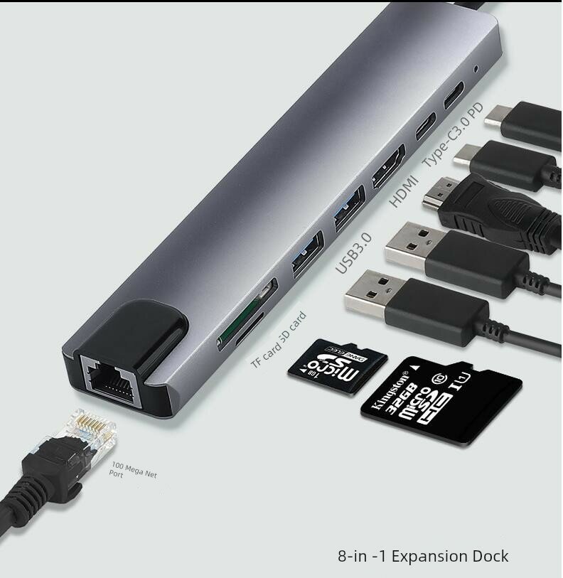 Адаптер HDMI, Ethernet, считыватель карт памяти, двойной USB, Тип-С и порт зарядки, 8 в 1, все-в-одном для настольных