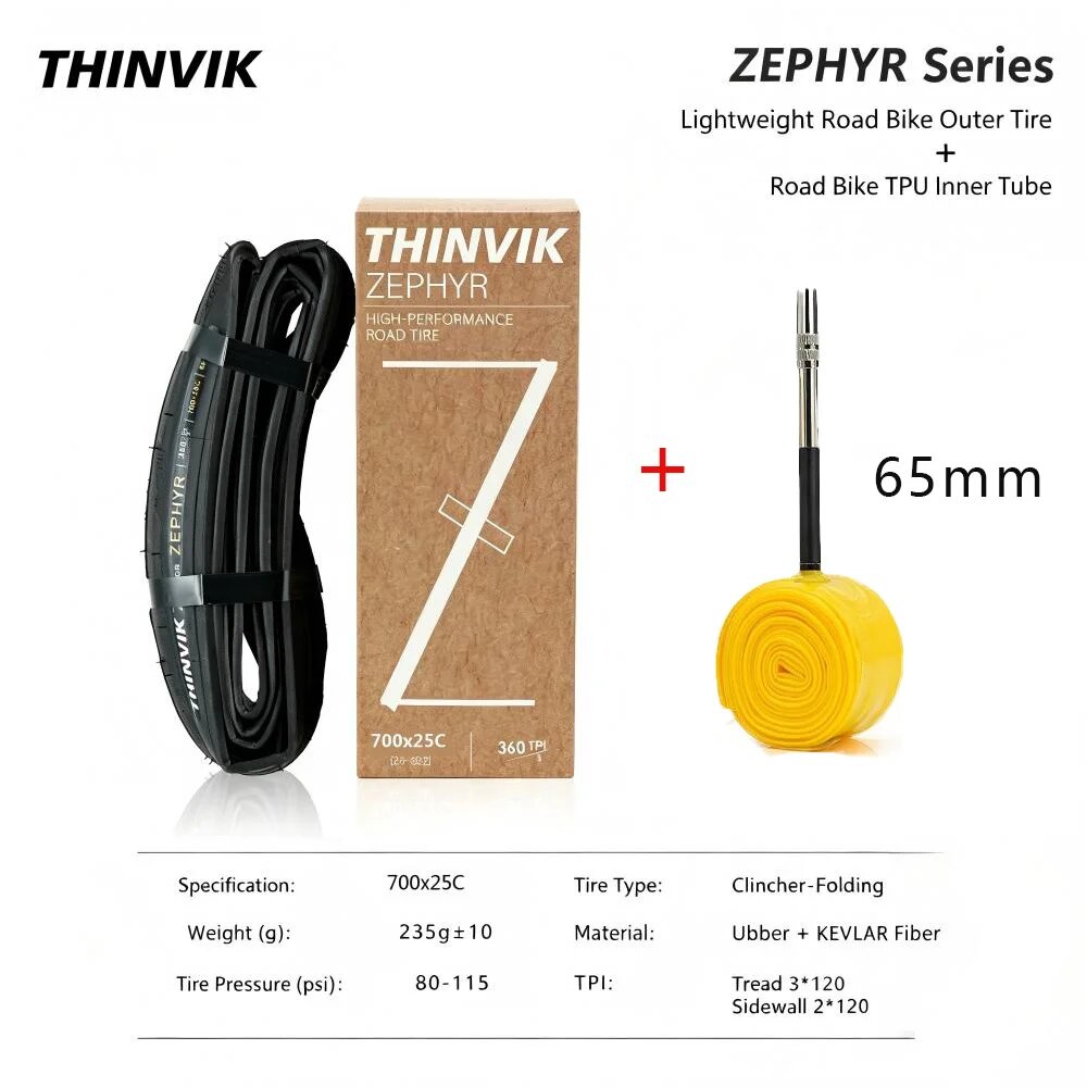 Thinvik Zephyr 700x25C Road Tire + TPU Tube 65mm
