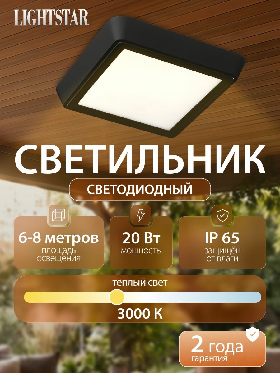 Светильник потолочный светодиодный влагозащищенный Lightstar URBANO 216872, IP65 для ванной и улицы, 3000K, 20W, квадратный, черный