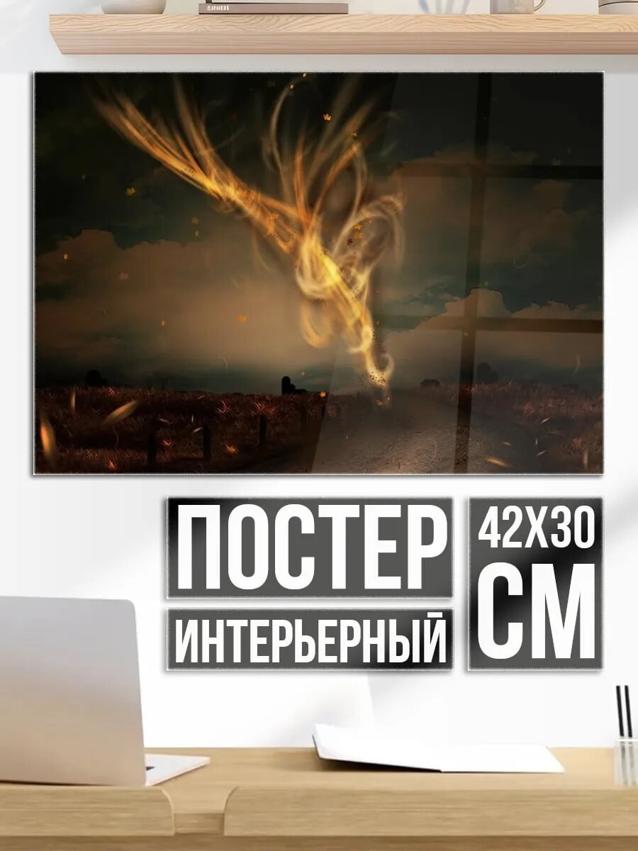 Плакат постер Огненный феникс в небе