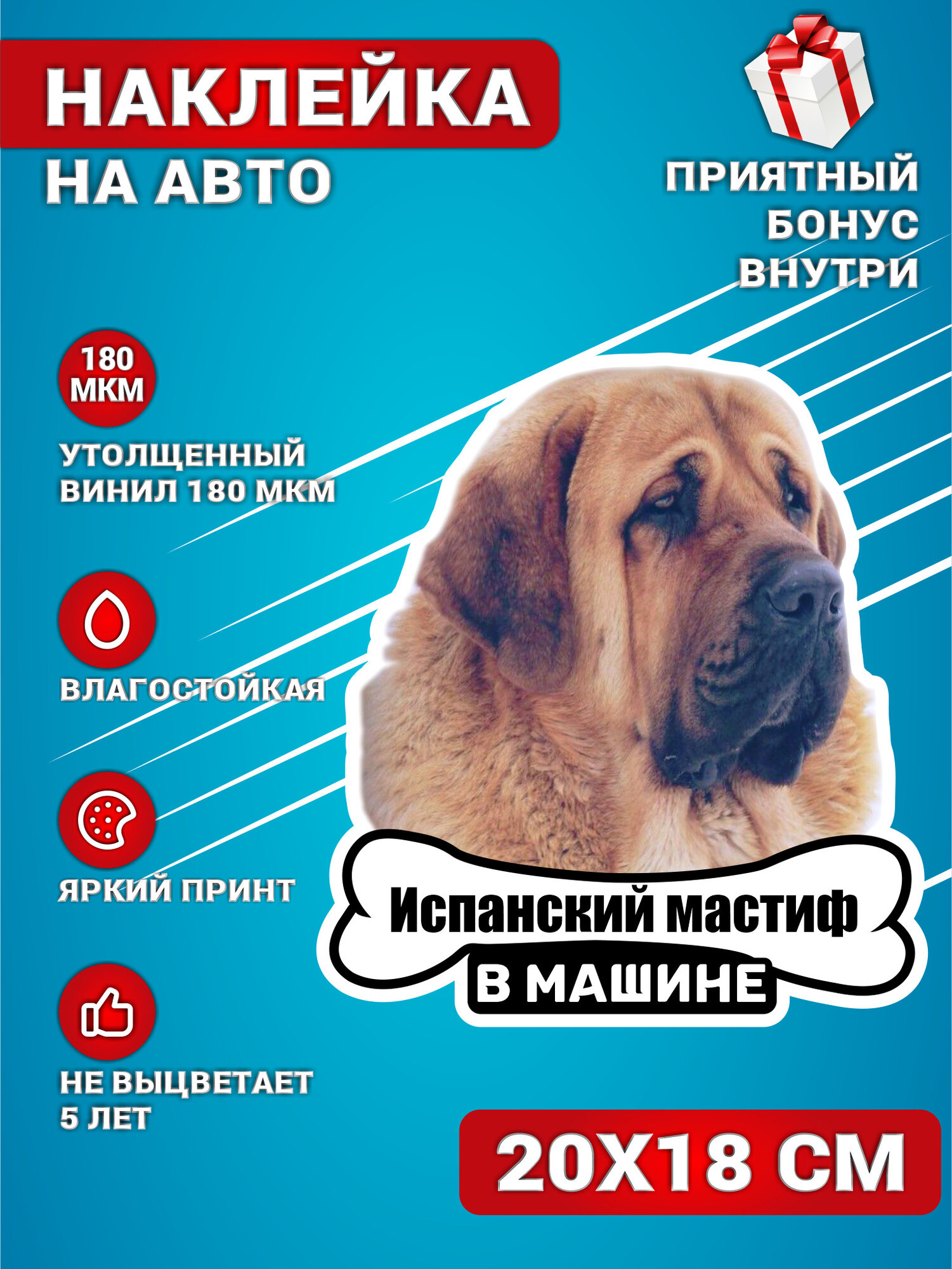 Наклейки на авто стикеры на стекло на кузов авто Испанский мастиф собака в машине 20х18 см