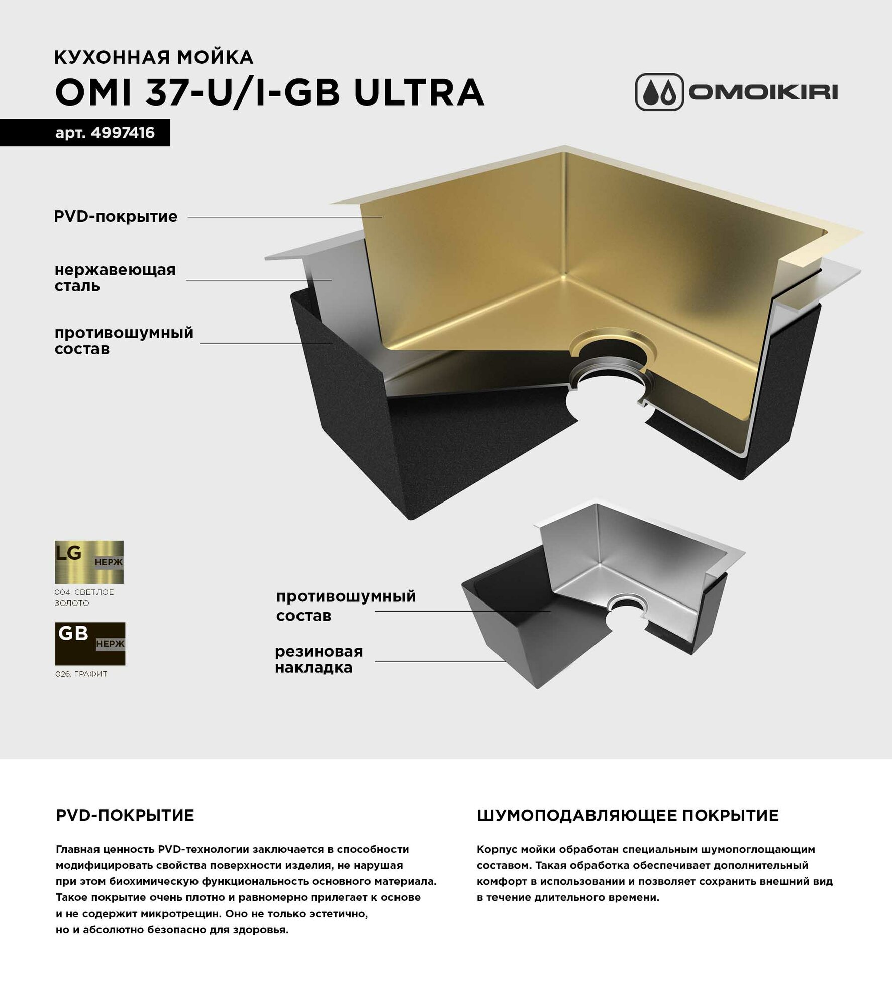 Кухонная мойка OMOIKIRI с Nano-покрытием Omi 37-U/I Ultra-GB, нержавеющая сталь/графит — фото 1