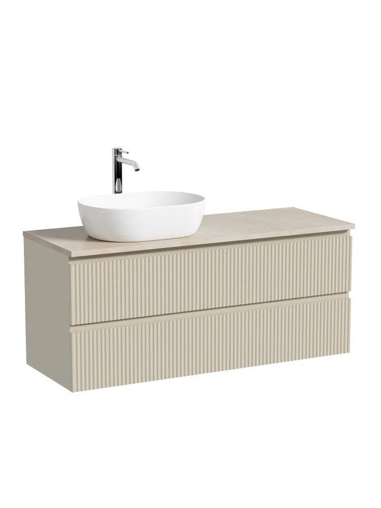Тумба с раковиной Sancos Сноб Р (Snob R) 120 L подвесная, 120 см, со столешницей, бежевая, с отверстием под смеситель, из МДФ, с ящиками, раковина для ванной, фарфоровая, овальная