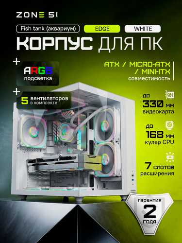 Изображение товара Корпус компьютерный ZONE 51 "Edge White", закалённое стекло, 5 ARGB-вентиляторов