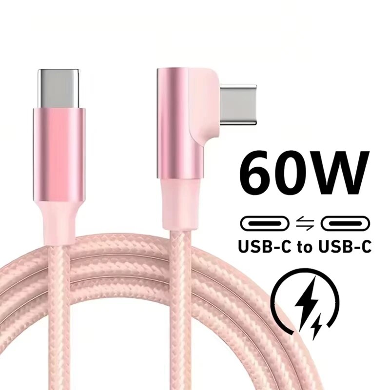 Розовый кабель USB-C на USB-C 60W, 3 м, угловой