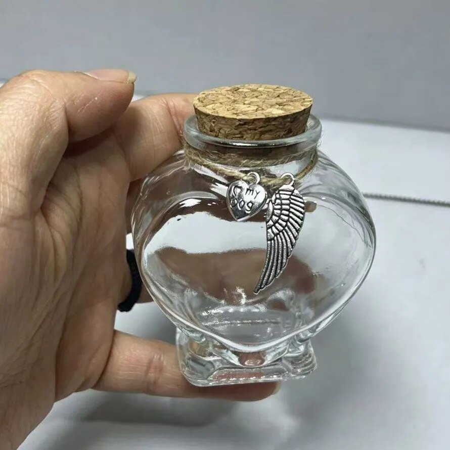 Памятная бутылка для домашних животных в форме сердца, стеклянная банка для хранения праха и шерсти собак и кошек, подвеска с крыльями из веревки, пустая бутылка